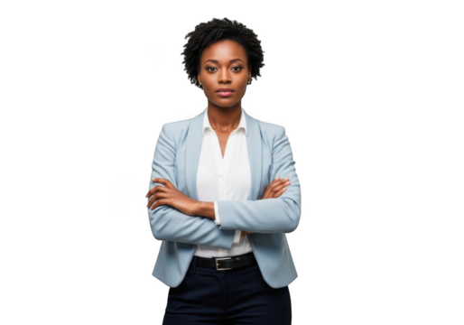 Confident african american businesswoman with arms crossed wearing a blazer stock photo isolated on transparent background