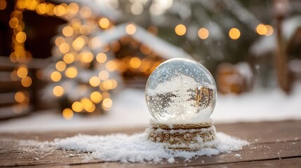 A snow globe placed on a wooden table outdoors, surrounded by fresh snow and fairy lights, blurred winter scene in the background