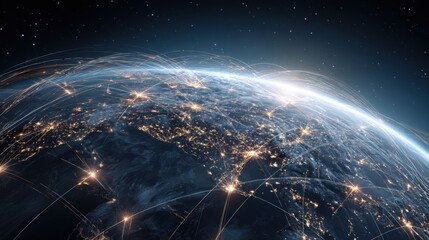 Distant view of Earth at night reveals vibrant city lights and intricate connections across continents, highlighting human impact on the planet and technological advancements.