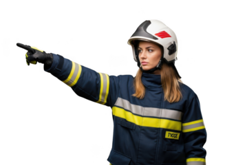 Female firefighter pointing direction wearing helmet and uniform emergency services rescue isolated on transparent background