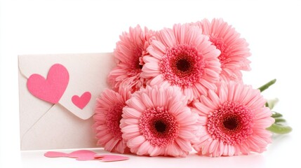 A beautiful arrangement of pink flowers rests next to an envelope with pink heart cutouts. This setup is perfect for expressing affection on a romantic day or celebration.