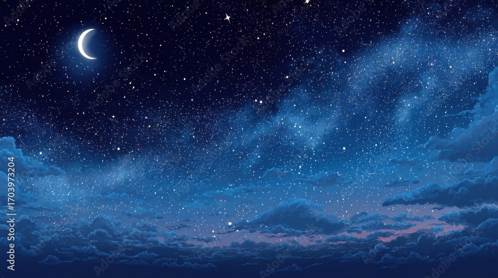 Aufkleber a tranquil twilight sky showcases a crescent moon and countless stars, blending deep blues and purpl