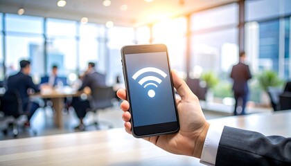 Hand holding a phone with wifi signal displayed in a blurry office background