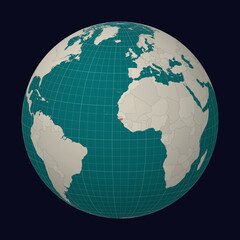 Guinea-Bissau on the map. Globe centered to Guinea-Bissau. Country location on the world map. Teal Pale Mint color palette. Globe with countries, meridians and parallels. Charming vector illustration.