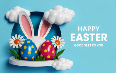 3D Easter White bunny ears spotted eggs daisies grass clouds 'Happy Easter' text background