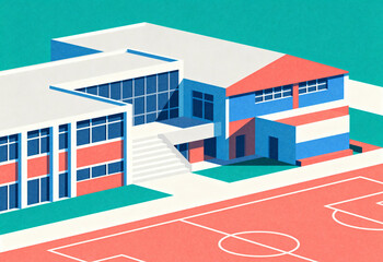 Bright Isometric School Building and Playground