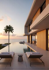 Fototapeta premium Luxurious modern villa overlooking ocean with infinity pool at sunset