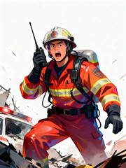 Emergency Response Officer Coordinating Rescue at Disaster Scene