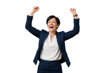 Excited businesswoman celebrating success with arms raised in victory gesture png image stock photo, happy woman in suit isolated on transparent background