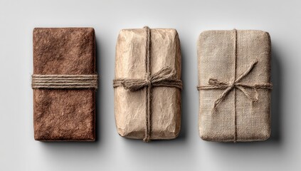 Three wrapped gifts, varying in color, tied with twine