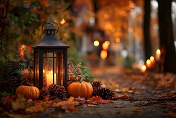 Cozy autumn scene with a glowing lantern, pumpkins, and pine cones on a forest path. Magical fall background with warm bokeh lights for Halloween or Thanksgiving.