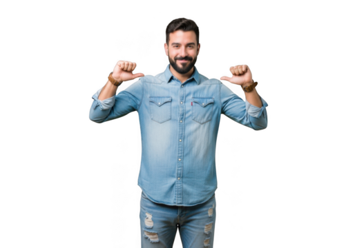 Smiling man pointing thumbs at himself in denim shirt and jeans full body studio shot isolated on transparent background - Powered by Adobe