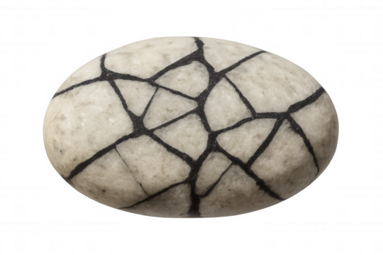 Polished septarian nodule displaying intricate network of calcite-filled cracks, isolated on transparent background