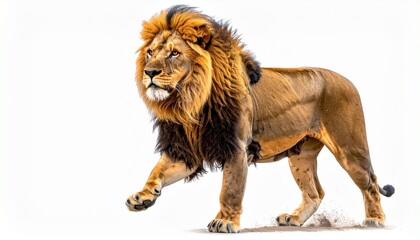 Obraz premium African lion with golden mane muscular body sharp eyes and strong wild predator stance animal isolated on white background 