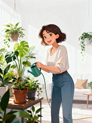 Woman Watering Houseplants in Living Room