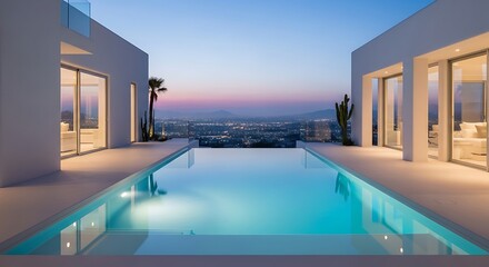 Fototapeta premium Luxury Villa Swimming Pool Reflecting Cityscape at Twilight Hour