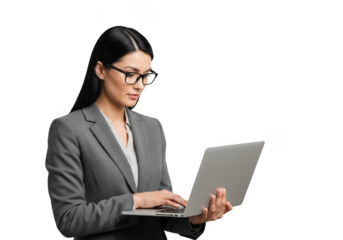 Professional businesswoman working on laptop computer, focused female executive typing isolated on transparent background