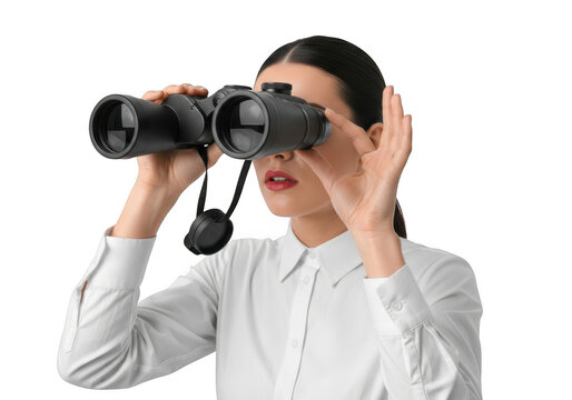 Woman looking through binoculars search vision find business discovery observation isolated on transparent background