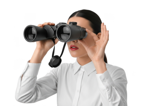 Woman looking through binoculars search vision find business discovery observation isolated on transparent background