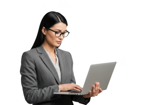 Professional businesswoman working on laptop computer, focused female executive typing isolated on transparent background