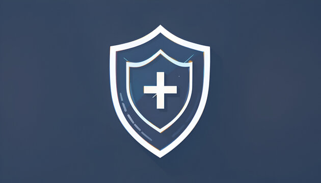 A minimalist shield icon with a white cross, presented on a solid dark blue background, representing healthcare and safety