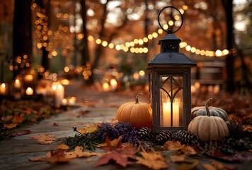 Cozy autumn scene with a glowing lantern, pumpkins, and pine cones on a forest path. Magical fall background with warm bokeh lights for Halloween or Thanksgiving.
