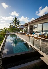 Fototapeta premium Contemporary luxury villa with infinity pool and ocean views for serene getaway