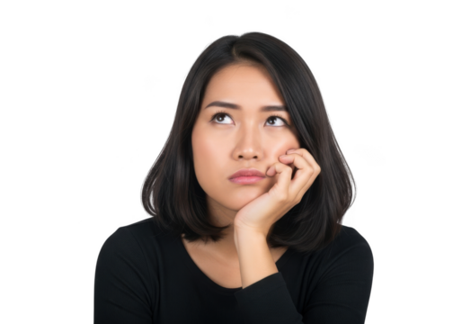 Pensive asian woman looking upwards with hand on chin, thoughtful expression, png image for graphic design resources, isolated on transparent background