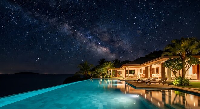 Luxury villa with infinity pool under the radiant cosmic night sky
