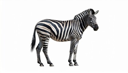 Zebra with black and white striped coat slender body and wild African grazing animal stance isolated on white background
