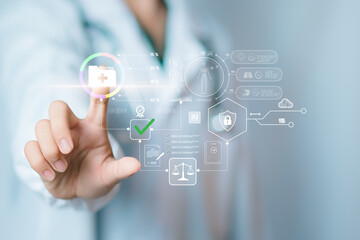 Concept Digital Compliance & Quality showing doctor interacting futuristic holographic interface, featuring checklists, secure icons, health data symbolize medical standards and workflow efficiency.