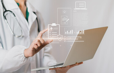 Concept Digital Compliance & Quality showing healthcare professional use laptop, floating...