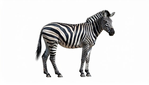 Zebra with black and white striped coat slender body and wild African grazing animal stance isolated on white background