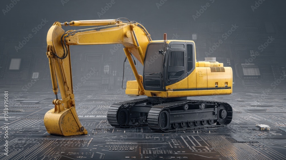 Aufkleber yellow excavator machine on digital background representing innovation in construction and technolog