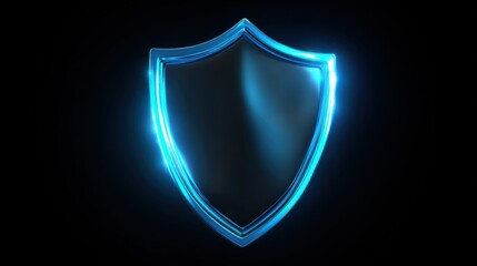 Fototapeta premium A shield design emerges against a black backdrop, featuring bright blue edges that emit a glowing effect. The sleek shape highlights modern aesthetics, evoking themes of protection and security.