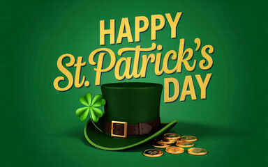 Happy St Patrick's Day text green top hat a lucky shamrock and scattered gold coins Green backdrop