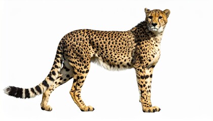 Cheetah with slender body golden fur black spots long tail and fastest wild predator cat stance animal isolated on white background
