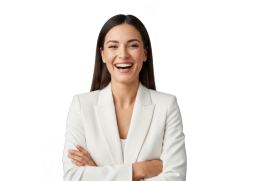 Smiling businesswoman in white suit with arms crossed professional portrait isolated on transparent background