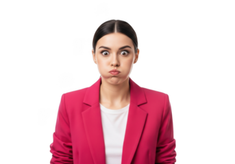 Woman puffed cheeks pink blazer funny expression shocked face reaction portrait photo png isolated on transparent background