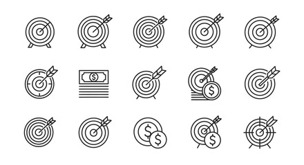 Collection of target and goal achievement icons representing success and business objectives vector