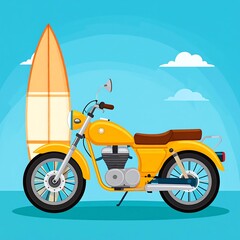 Yellow motorcycle with surfboard