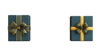 Two navy blue gift boxes, each adorned with a gold ribbon and bow