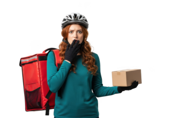Surprised delivery woman with red hair, helmet and red delivery bag holding a package expressing shock isolated on transparent background
