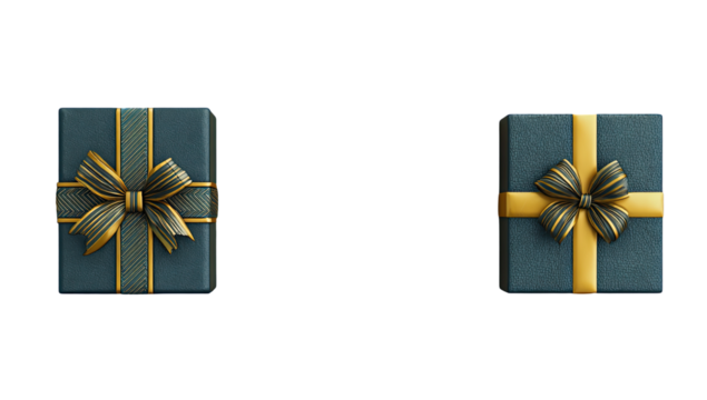 Two navy blue gift boxes, each adorned with a gold ribbon and bow