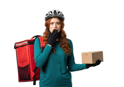 Surprised delivery woman with red hair, helmet and red delivery bag holding a package expressing shock isolated on transparent background