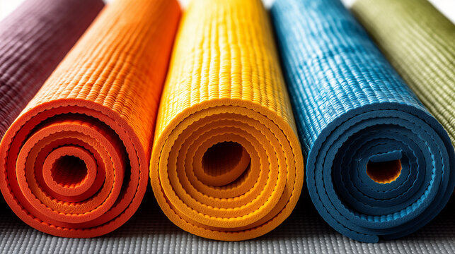Colorful yoga mats rolled on floor, fitness and wellness concept