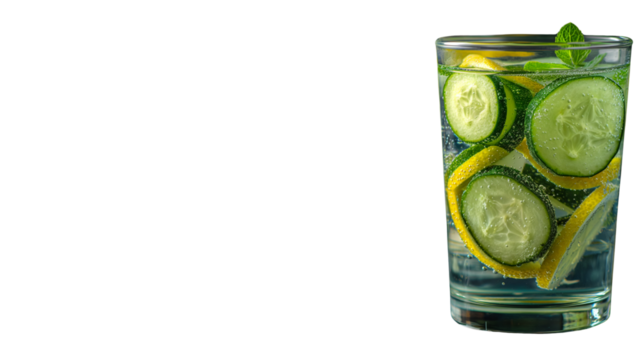 Fresh cucumber lemon mint water in glass isolated on white background, healthy drink concept