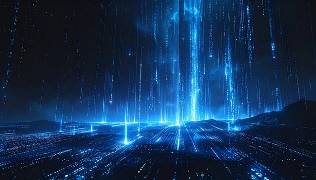 Digital rain falls on a futuristic landscape