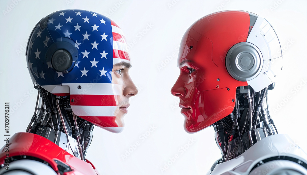 Poster two robotic figures with faces representing different countries, facing each other in a symbolic sta