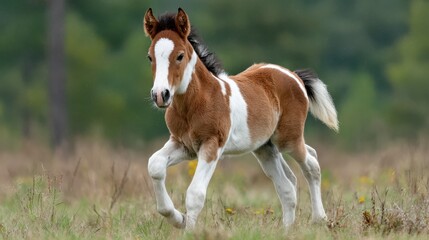 Obraz premium Playful foal runs freely in a grassy meadow surrounded by trees in late afternoon sunlight